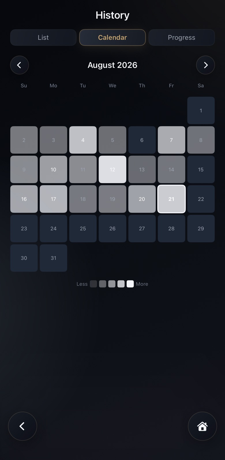 History, Calendar tab: August 2026 with training days shaded from light to bright by how much was done.