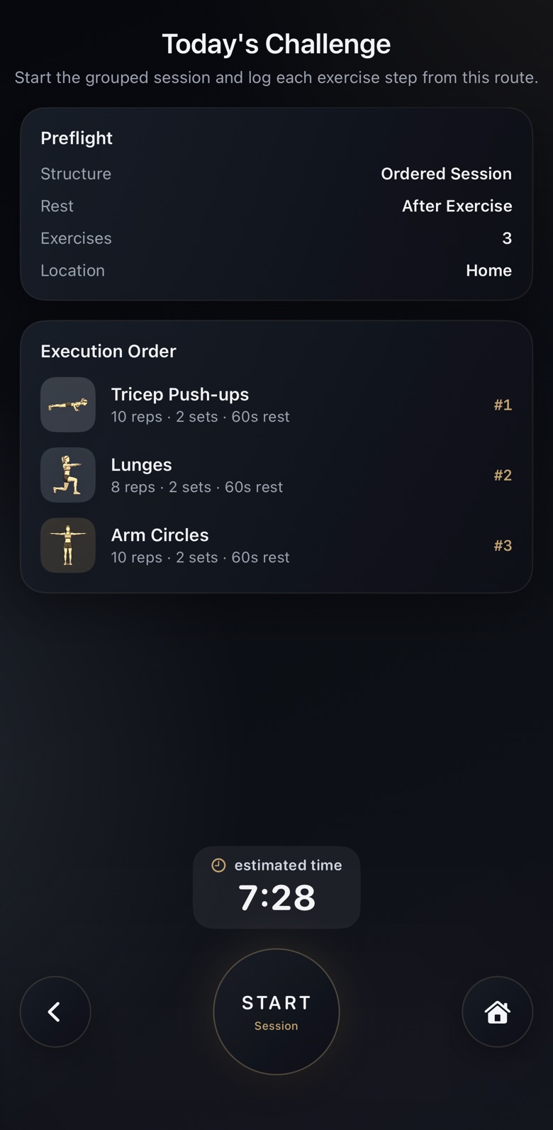 Today's Challenge: an ordered home session of tricep push-ups, lunges and arm circles, 2 sets each with 60 seconds of rest, estimated at 7 minutes 28 seconds.