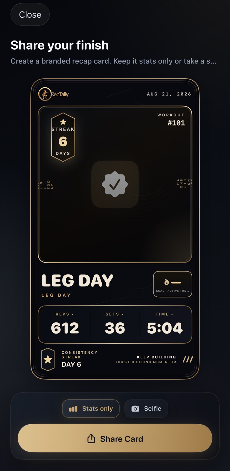 Share your finish: a gold-framed Leg Day recap card showing 612 reps, 36 sets and 5 minutes 4 seconds, with a 6-day streak badge and a Share Card button.